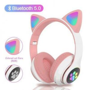 אוזניות קשת bluetooth עם לדים באוזני חתול בצבעים סגול וורוד